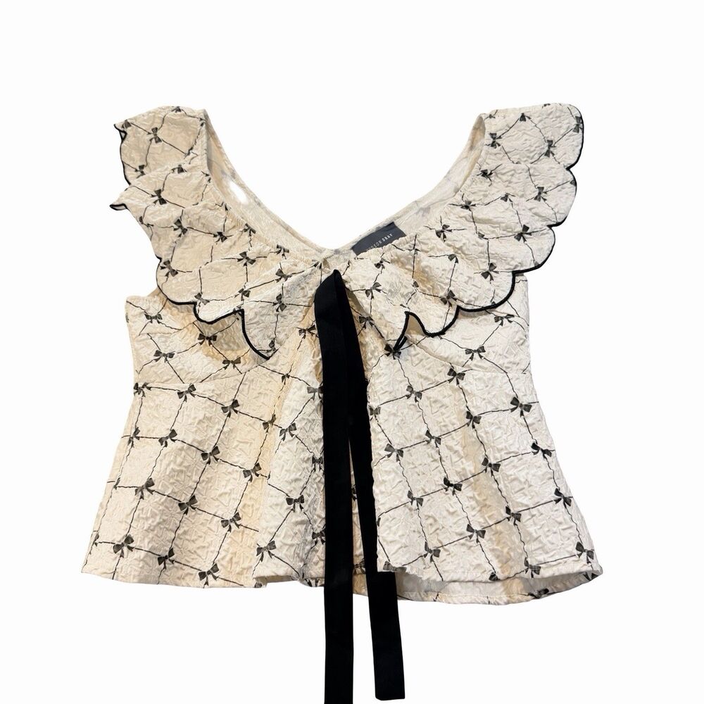 Hudson Gray Top Women's Size M Ivory Scallop Bow Tie Blouse Sleeveless Romantic